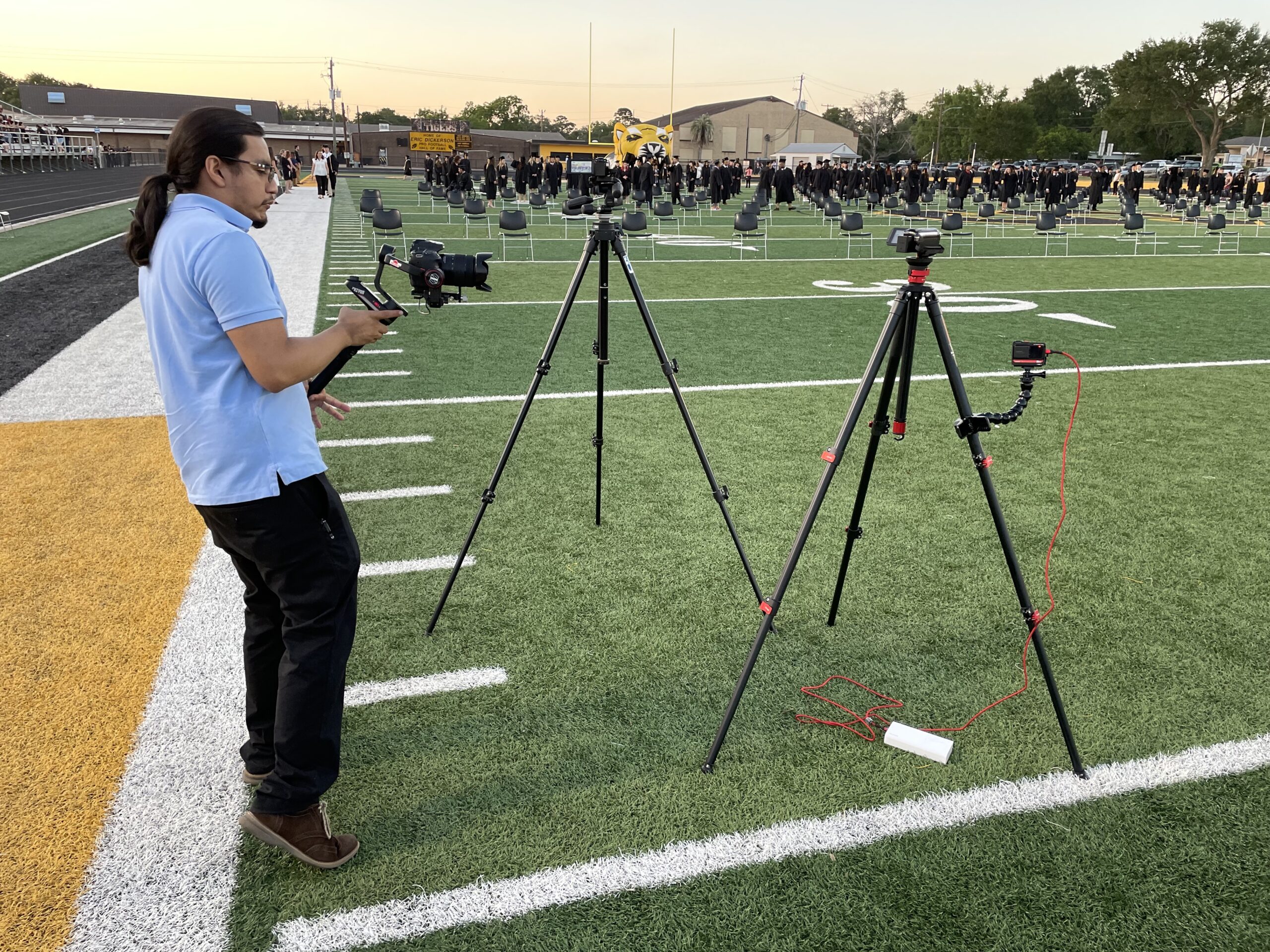 Alberto Mata Jr. runs quality control checks on sophisticated imaging equipment and gyroscopic gimbal stabilizers before an event. (© 2022 Ronin Visuals, all rights reserved)