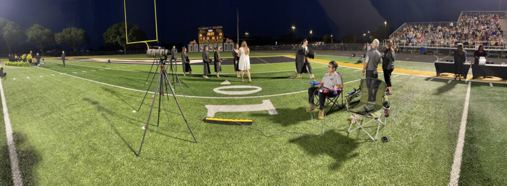 The Ronin Visuals team captures Sealy High School's 2023 graduation with a multiple camera angle live stream on Mark A. Chapman Field at T.J. Mills Stadium on May 26, 2023. (panoramic image © 2023 Ronin Visuals, all rights reserved)