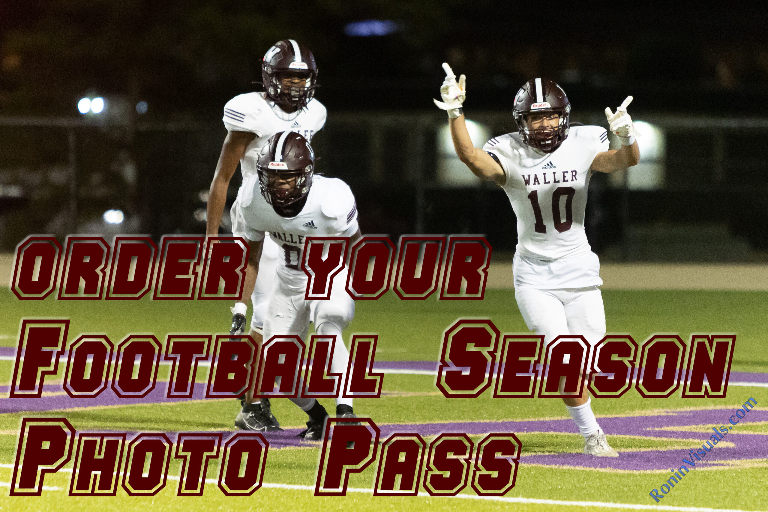 Landen Seals (10) celebrates with Jaden Rogers (11, obscured)after Alex Barrs (0) scored a touchdown run in the first half of the week 3 contest. The Waller Bulldogs got a reality check from one of the top ranked teams in Texas, the Montgomery Lake Creek Lions with a 63-24 decision at Montgomery ISD Athletics Complex, Friday, Sept. 8, 2023. (Photo courtesy RoninVisuals.com)