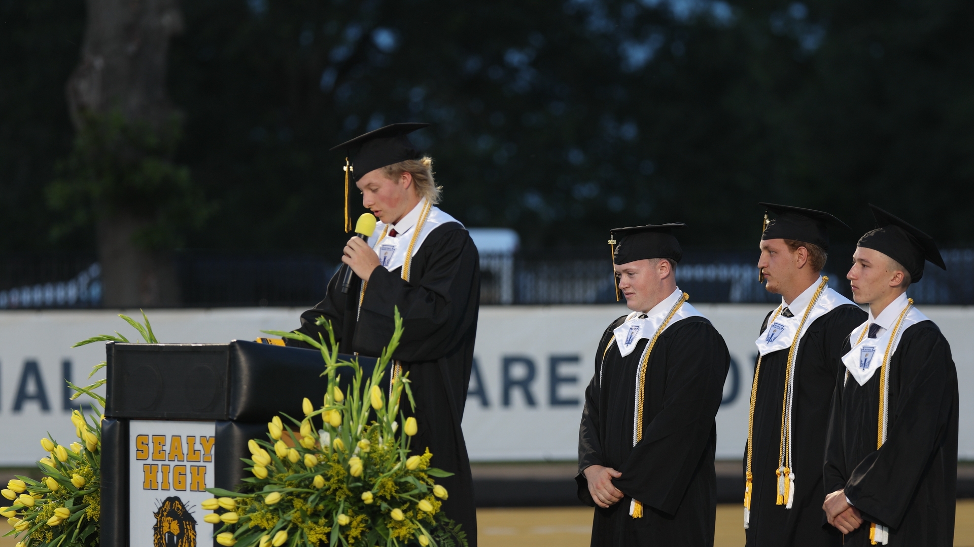 Sealy Class of 2026 had four graduates tied for salutatorian. In no particular order, they are: William Baber, Jackson Blanks, Kane Killough, and Case Lyons, who teamed up to give speech at T.J. Mills Stadium on May 21, 2026. (Ronin Visuals photo by Creighton Holub, all rights reserved.)