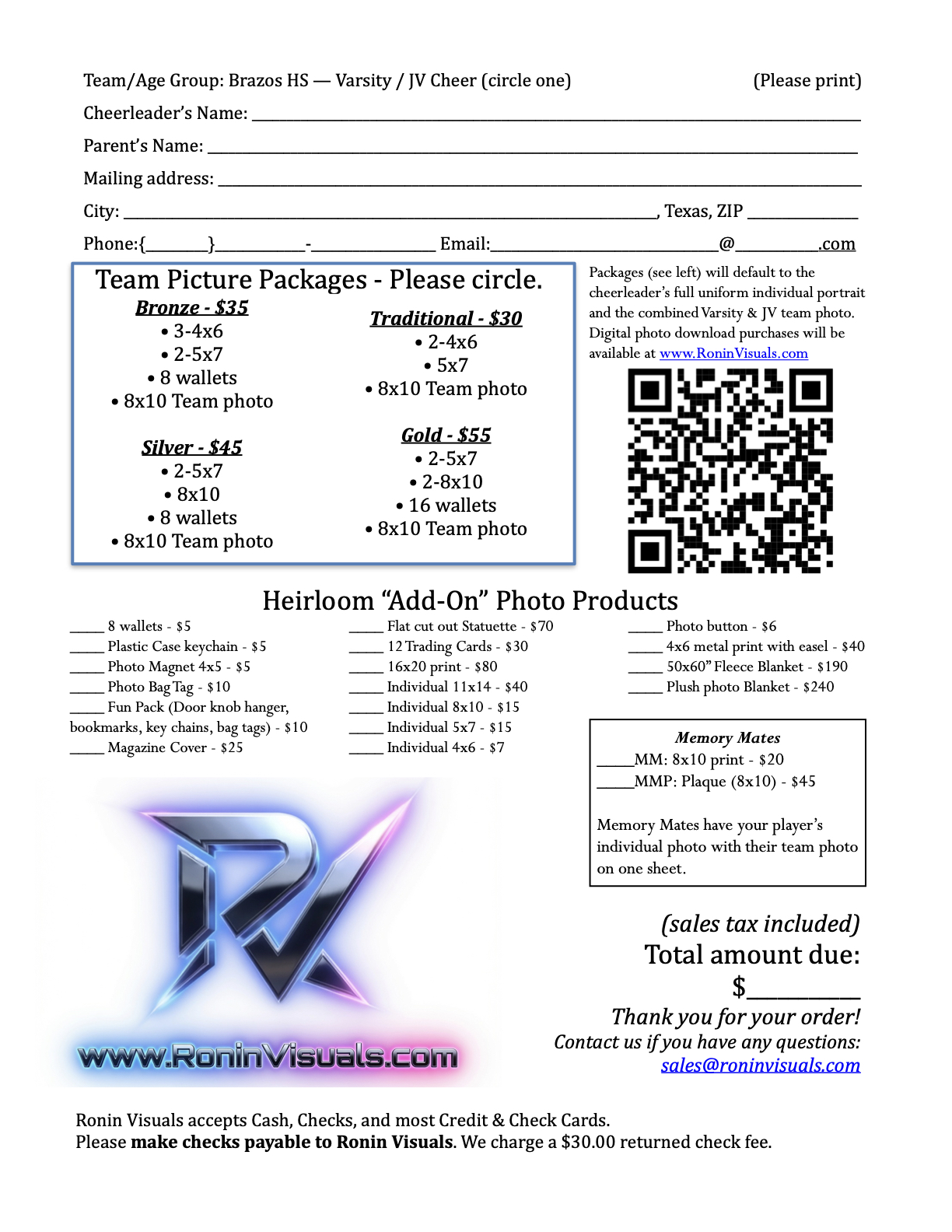 Ronin Visuals' team and individual portrait order form, customized for the 2026 Brazos High School cheerleaders. 